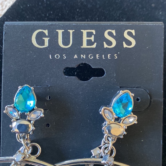 Guess, Hoop Dangle Earrings White and Blue Rhinestones, Beautiful 💚💜🧡❤️🔥🔥 - Picture 4 of 4